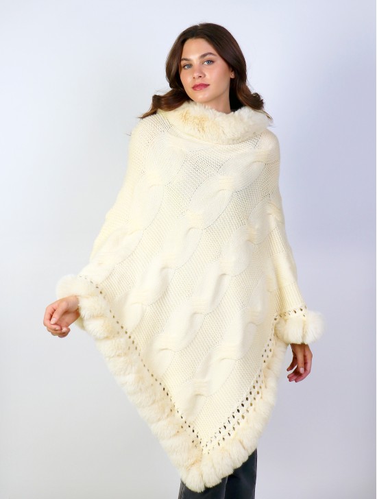 Solid Color Knitted Poncho W/ Fur Collar & Trim